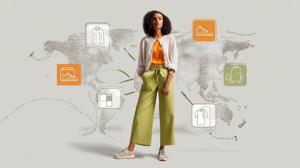 Supply chain traceability in the fashion industry: a model wearing fashionable outfit with lines from each item of her clothing and her shoes to boxes containing a graphic outline drawing of the item and a world map in the background.
